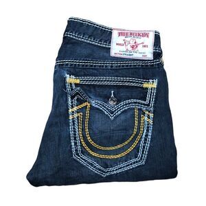 Rare True Religion Jeans Size 34 STRAIGHT YELLOW STITCH Blue
